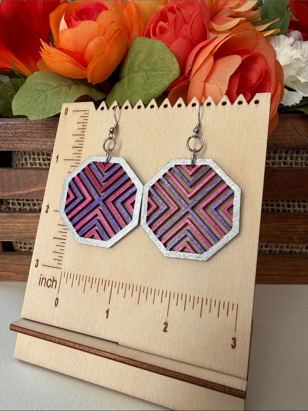 2 for $15. Handmade Geometric Octagon Drop Earrings in Pink and Purple